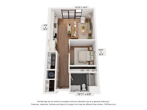 Floor plan for studio, 1 bath, 654 sqft